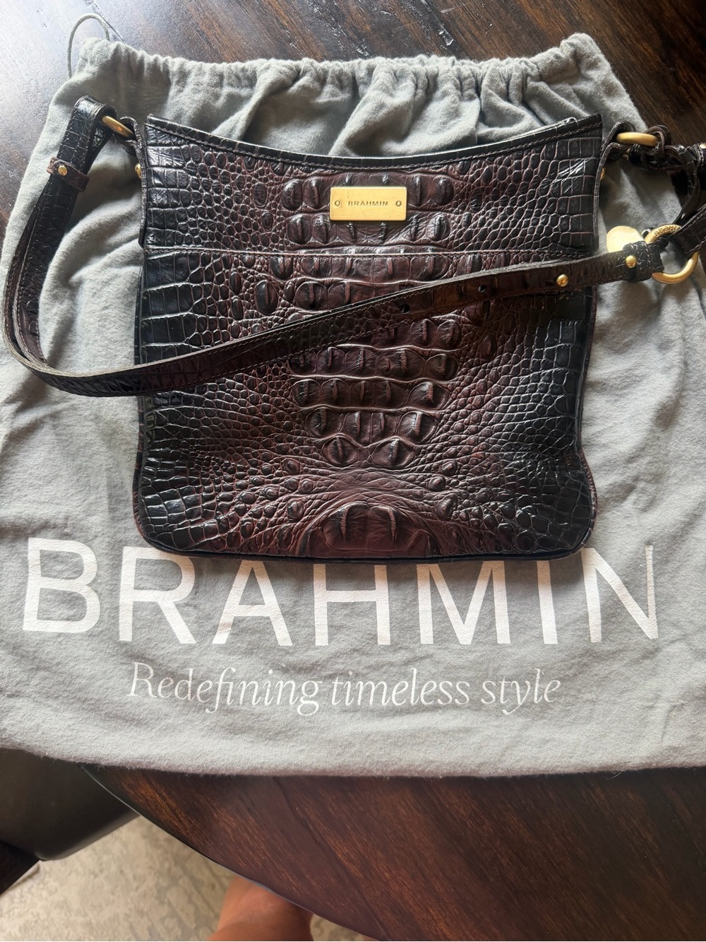 Brahmin Dark Brown Croc-Embossed Leather Crossbody with Gold Plaque